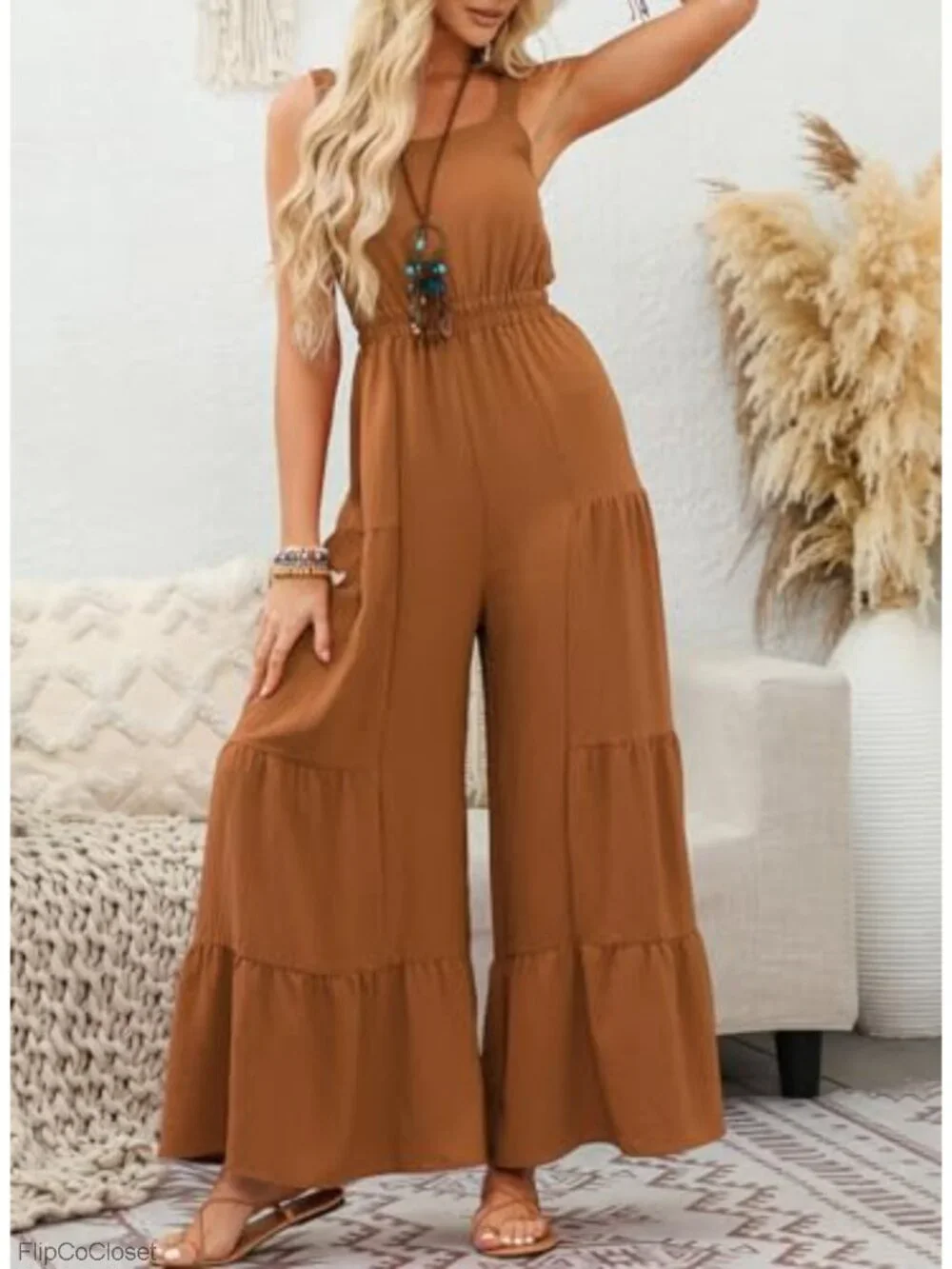 Womens Sleeveless Smocked Jumpsuit Ruffle Wide Leg Flowy Romper Summer